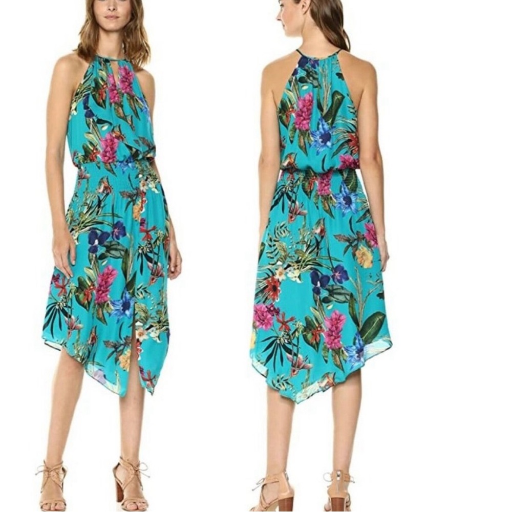 Parker Herley Silk Lined Scarf Hem Dress Floral Tropical XL